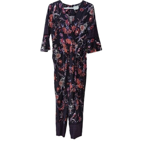 ANTHROPOLOGIE Maeve Espoir Jumpsuit Purple Bird Floral BellSleeve Romper 6p Us@L - Picture 4 of 11
